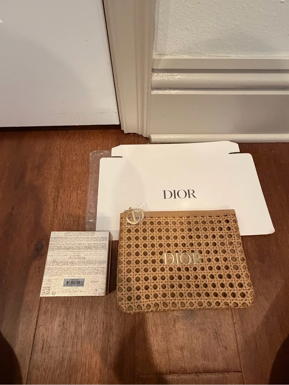 Dior Woven Rattan Pouch in Natural with Gold Logo with Dior Prestige set